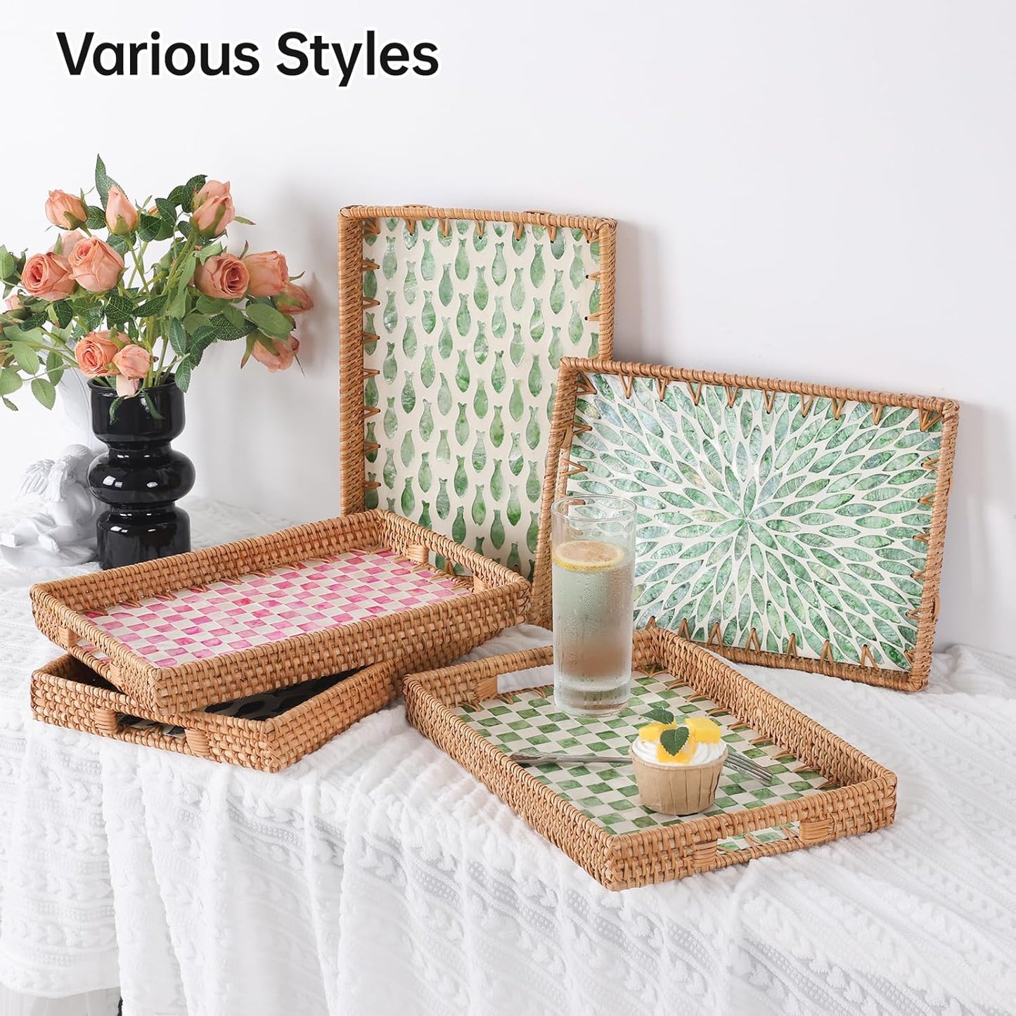Rectangle Rattan Tray with Mother of Pearl Inlay, Rattan Serving Tray with Handle for Coffee, Bread, Fruits, Decorative Wicker Tray for Table Decor (Rectangle Green Checkerboard, 13"×9")