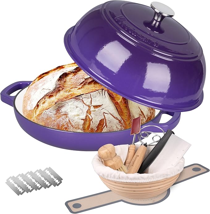 Enameled Cast Iron Dutch Oven Pot with Lid, Bread Oven for Sourdough Bread Baking, Dutch Ovens with Bread Proofing Basket& Baking Supplies Set, 6 Quart, Purple