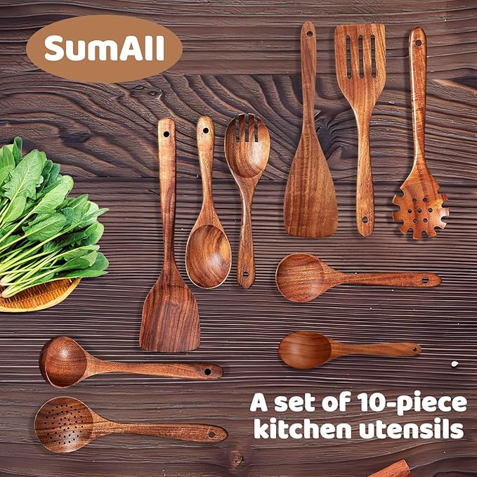 10 PCs Teak Wooden Utensil Set with Hooks, Wooden Spoons for Cooking, Wood Cooking Utensils Set, Comfort Grip, Non Stick Cookware, Easy to Clean, Kitchen Stuff, Wood Spatula