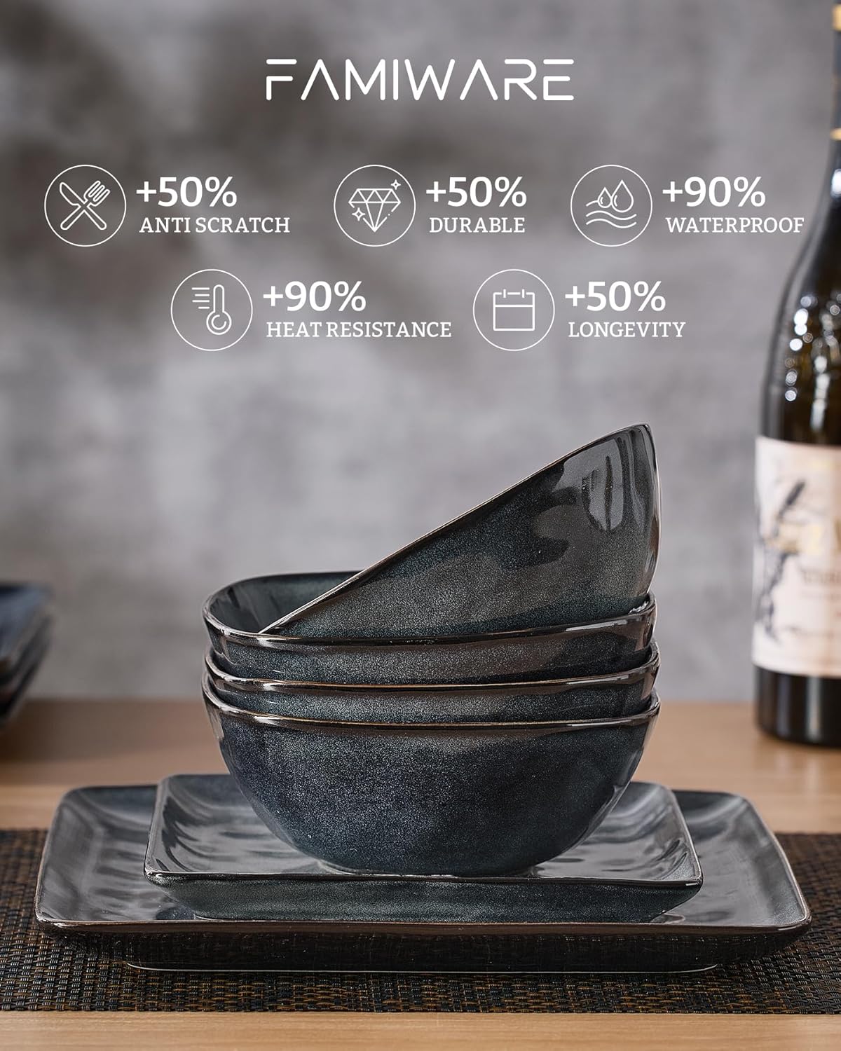 Famiware Dinnerware Sets for 8, Ocean Square 24-Piece Kitchen Plates and Bowls Sets, Microwave and Dishwasher Safe, Scratch Resistant, Deep Forest