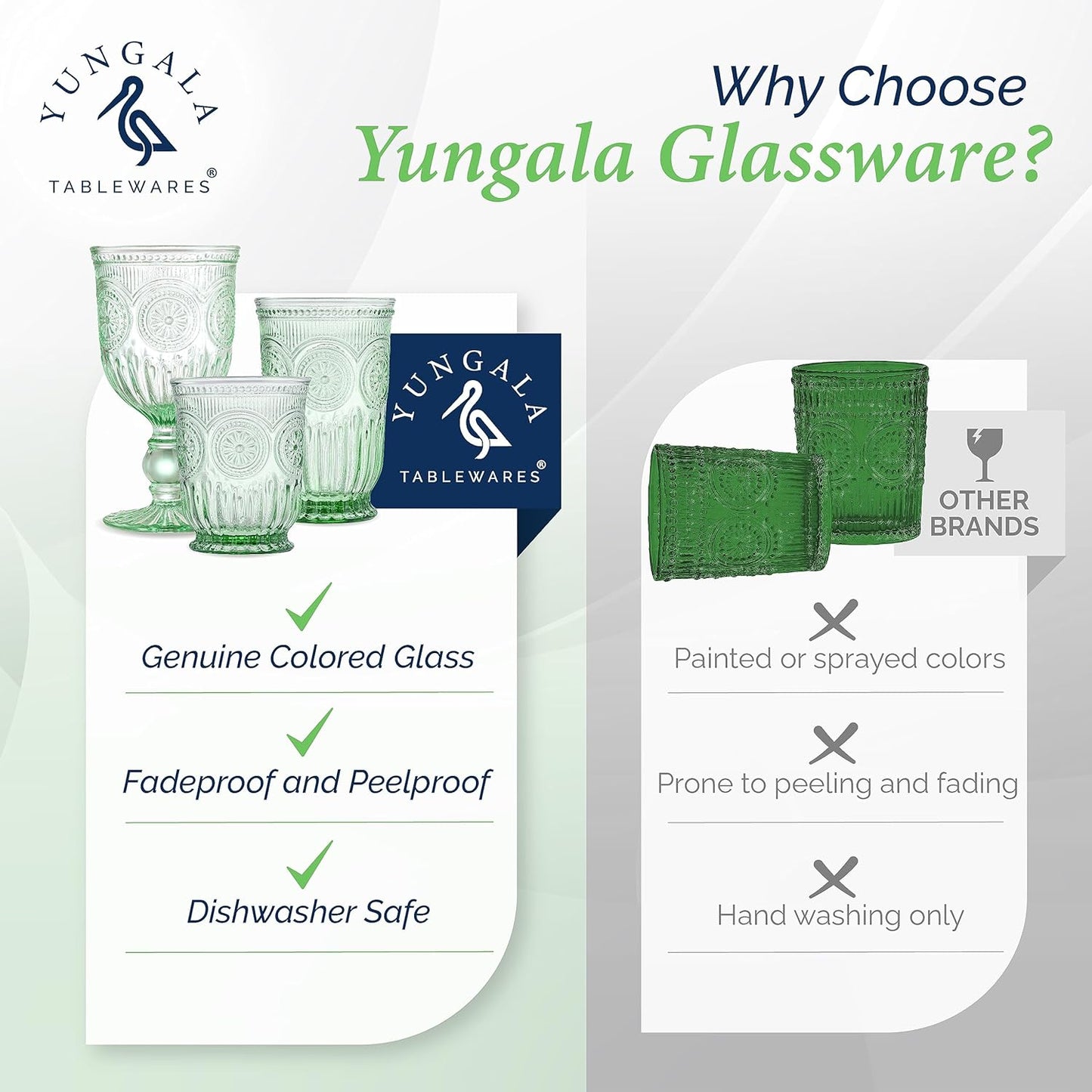 Yungala Green Glassware set of 6 green drinking glasses, textured colored vintage glass cups dishwasher safe