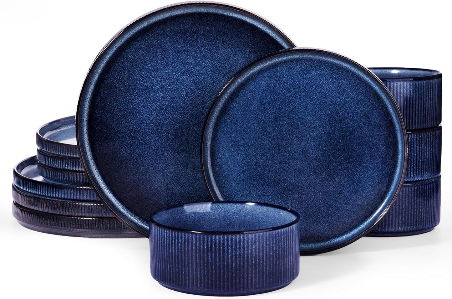 Famiware Star Dinnerware Sets, Plates and Bowls Set for 4, 12 Pieces Ribbed Dishes - Chip and Scratch Resistant, Microwave and Dishwasher Safe Tableware, Nebulas Blue