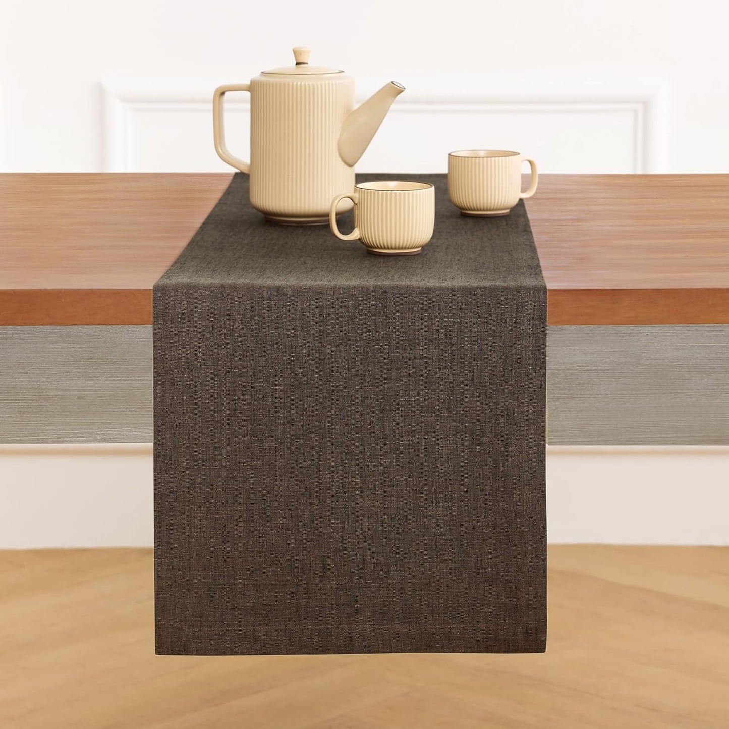 Solino Home Linen Chambray Brown Table Runner 132 Inches Long - Athena, 100% Pure Linen Dining Table Runner 14 x 132 Inch for Fall, Autumn, Thanksgiving - Handcrafted and Machine Washable