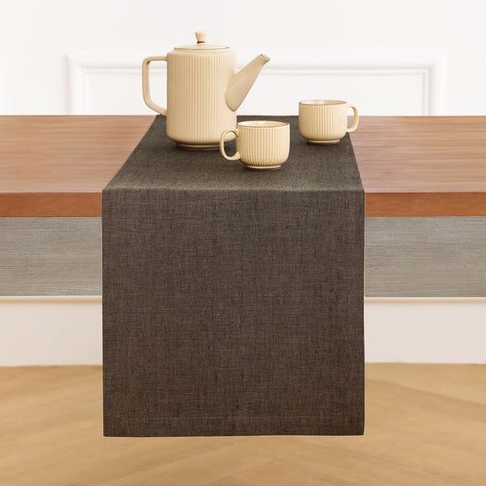 Solino Home Linen Table Runner 48 Inches - 100% Pure Linen Chambray Brown Table Runner 14 x 48 Inch Ideal for Dresser and Coffee Tables - Fall, Autumn, Thanksgiving - Athena