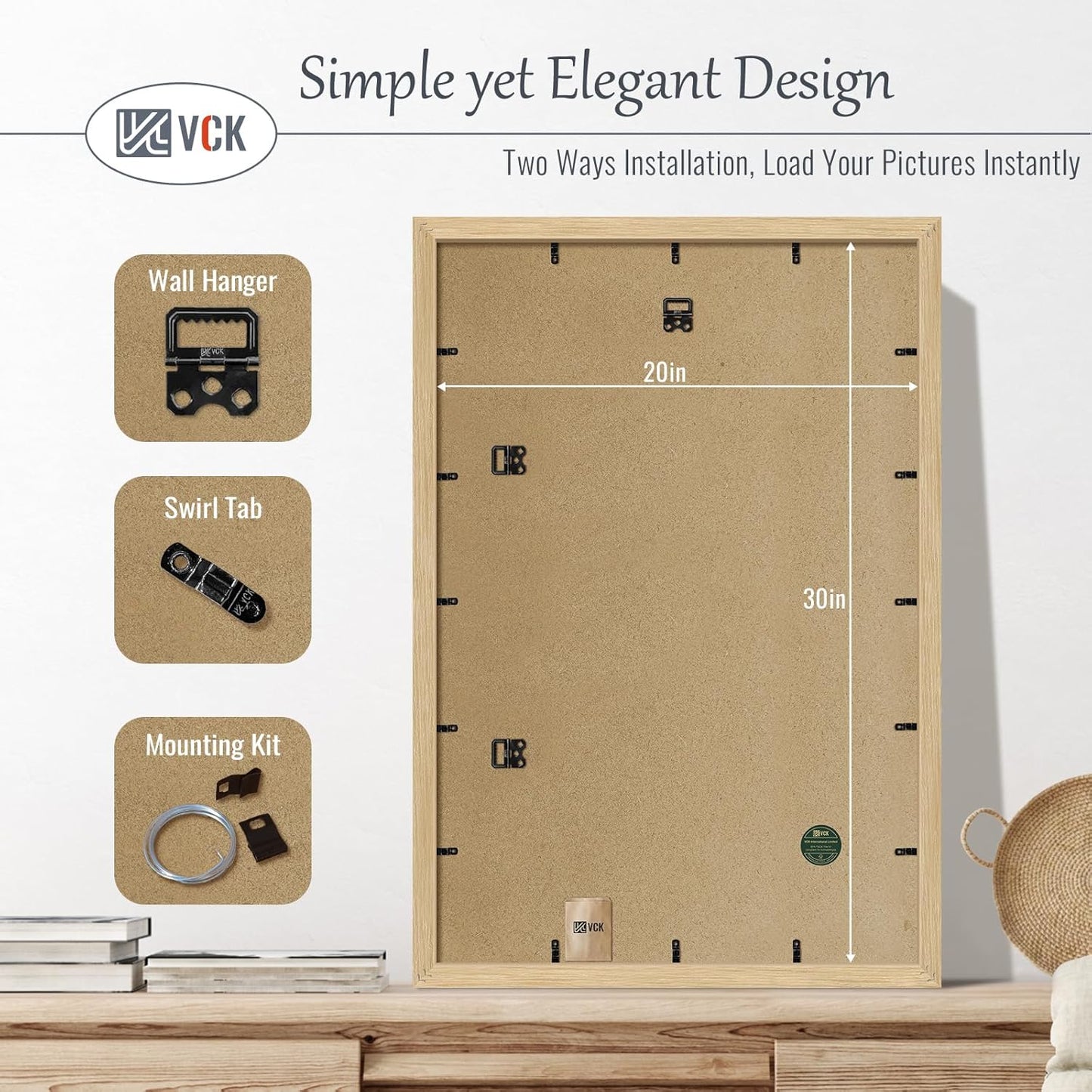 VCK 20x30 Oak Wood Frame for Poster & Picture, Natural Solid Wood Photo Frames 5 Pack, Wall Mounting Hanging