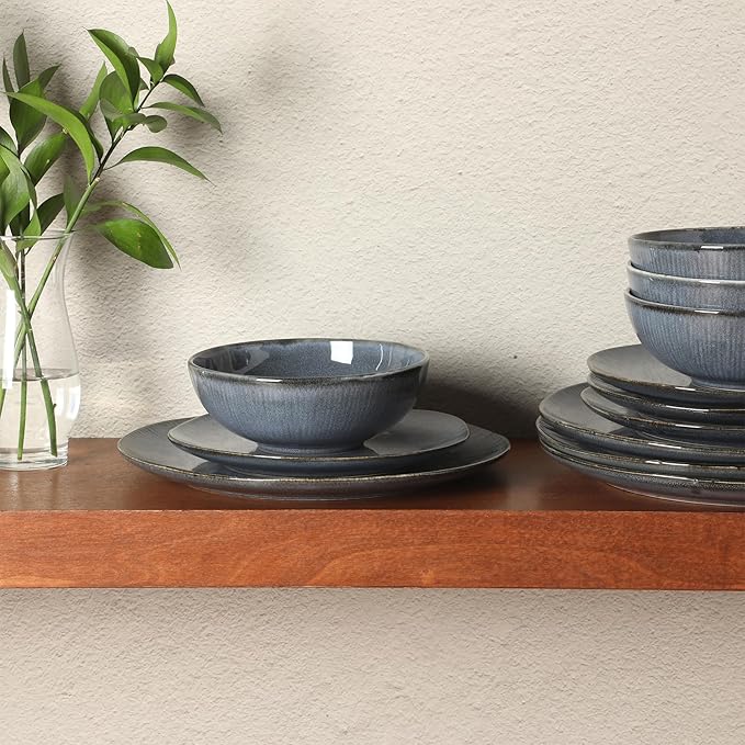 Gibson Elite Sandy Pines Stoneware Plates and Bowls Set - 12 Piece Reactive Glaze Dinnerware Set - Service for 4 - Dishwasher and Microwave Safe - Blue