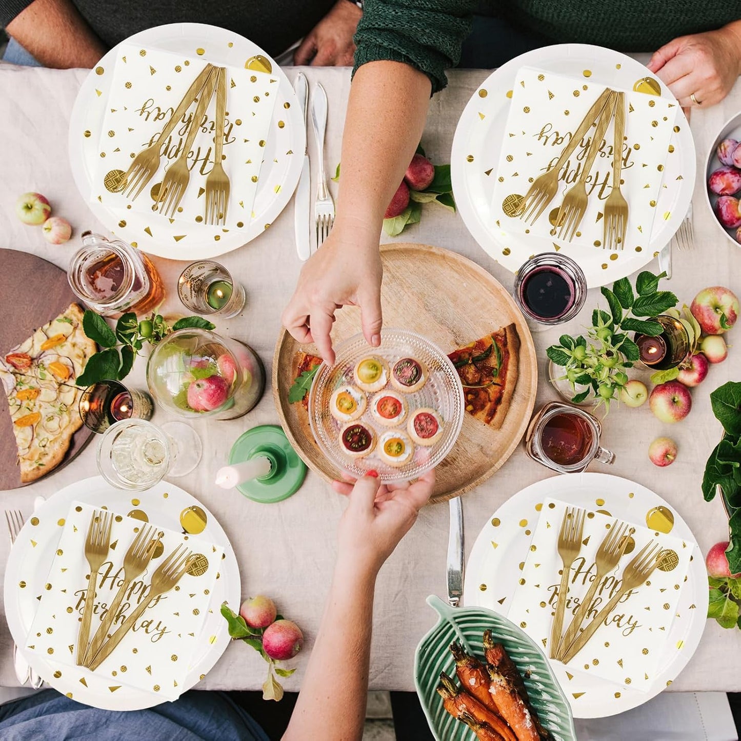 90PCS Happy Birthday Plates and Napkins Party Supplies, Disposable White Gold Dot Dessert Paper Plates Napkins with Forks Tableware Set Party Decorations for Girl Women Birthday Parties