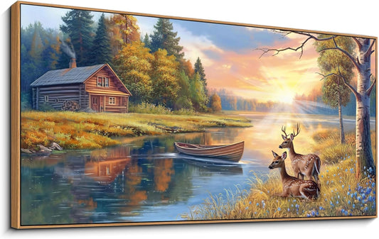 KLAKLA Large Deer Wall Art for Living Room Canvas Prints Decor Decoration Country Tractor Rustic Wildlife Artwork Ready to Hang for Bedroom Home Office Black Framed Wall Art