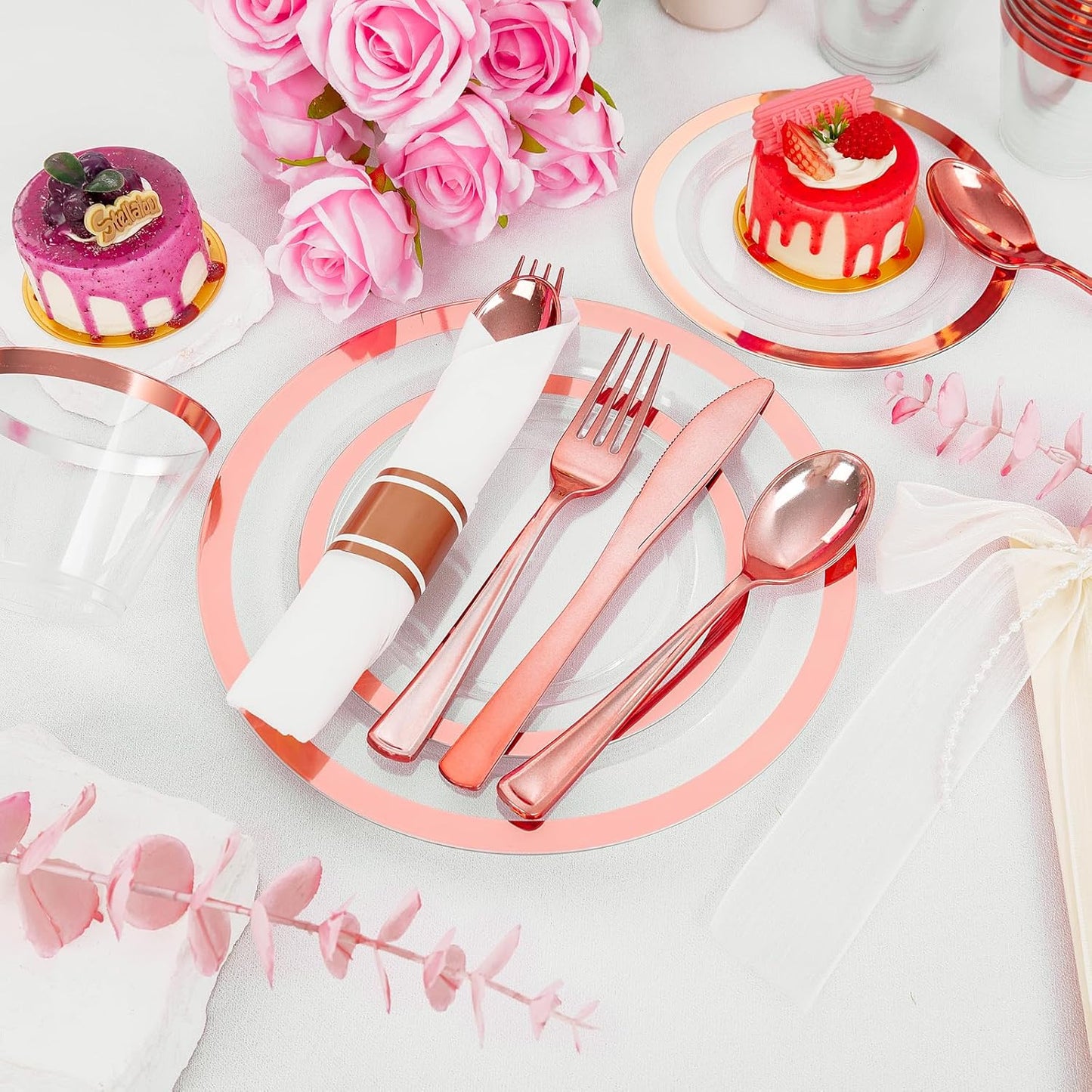Liacere 350PCS Rose Gold Plastic Plates - Clear with Rose Gold Rim for 50Guests Dinnerware - Include 100 Plates disposable 150 PCS Silverware 50 Napkins for Wedding＆Party