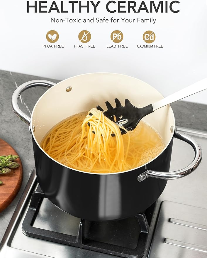 MICHELANGELO Ceramic Stock Pot with Lid, 6 Quart Pot with Nonstick Coating, Induction Cooking Pot for Induction and All Stovetops - 6QT, Black