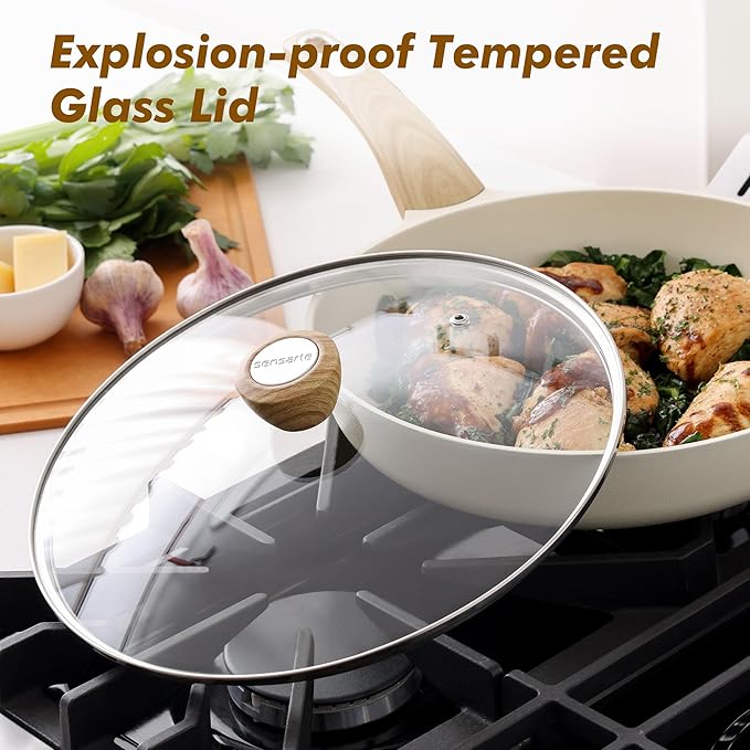 SENSARTE Ceramic Nonstick Frying Pan Skillet with Lid 11inch Non Stick Omelet Pan, Non-toxic Healthy Kitchen Cooking Chef's Pan, Free of Intentionally Added PFOA/PFAS/PTFE, Induction Compatible, White