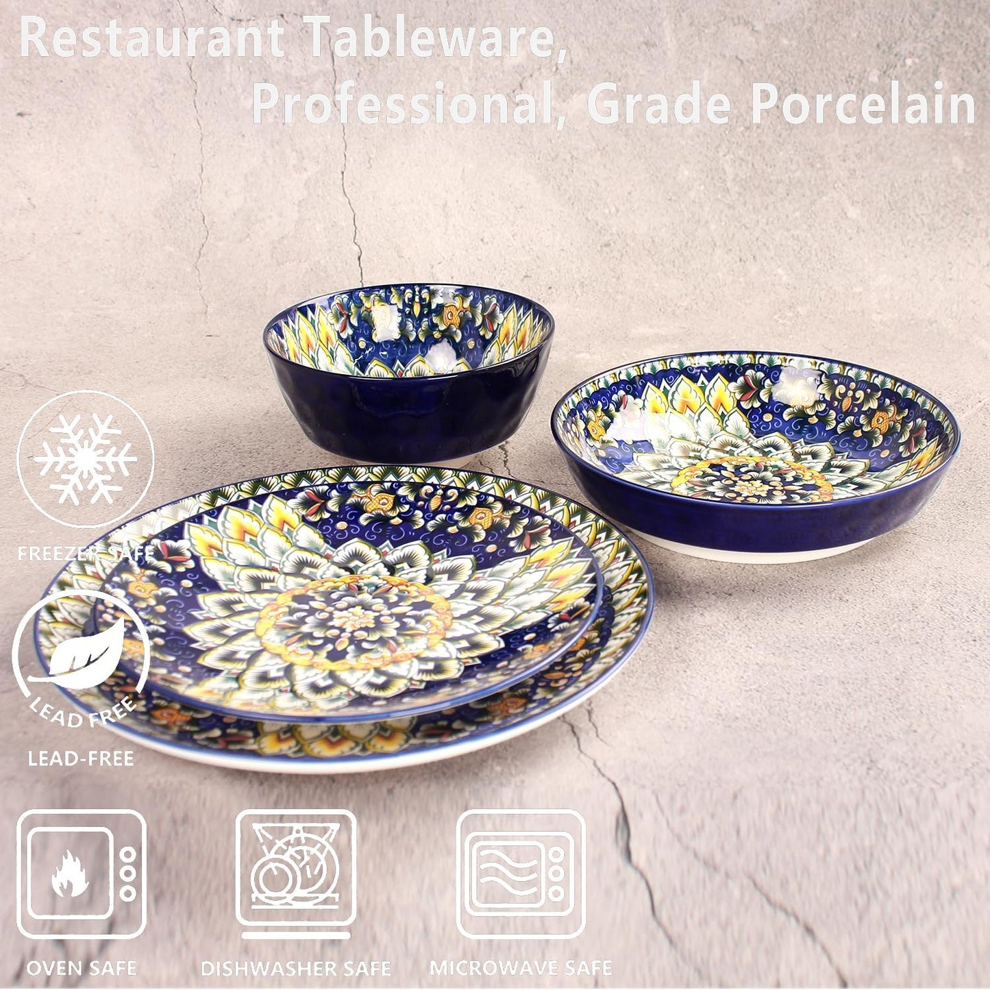 Mandala Dinnerware Sets, Plates and Bowls Set, Porcelain Dishes (16 Pieces) Service for 4, Zanzibar, Bohemian Style Dining Ware, for Kitchen and Dining Multicolor Dinnerware Set, Blue