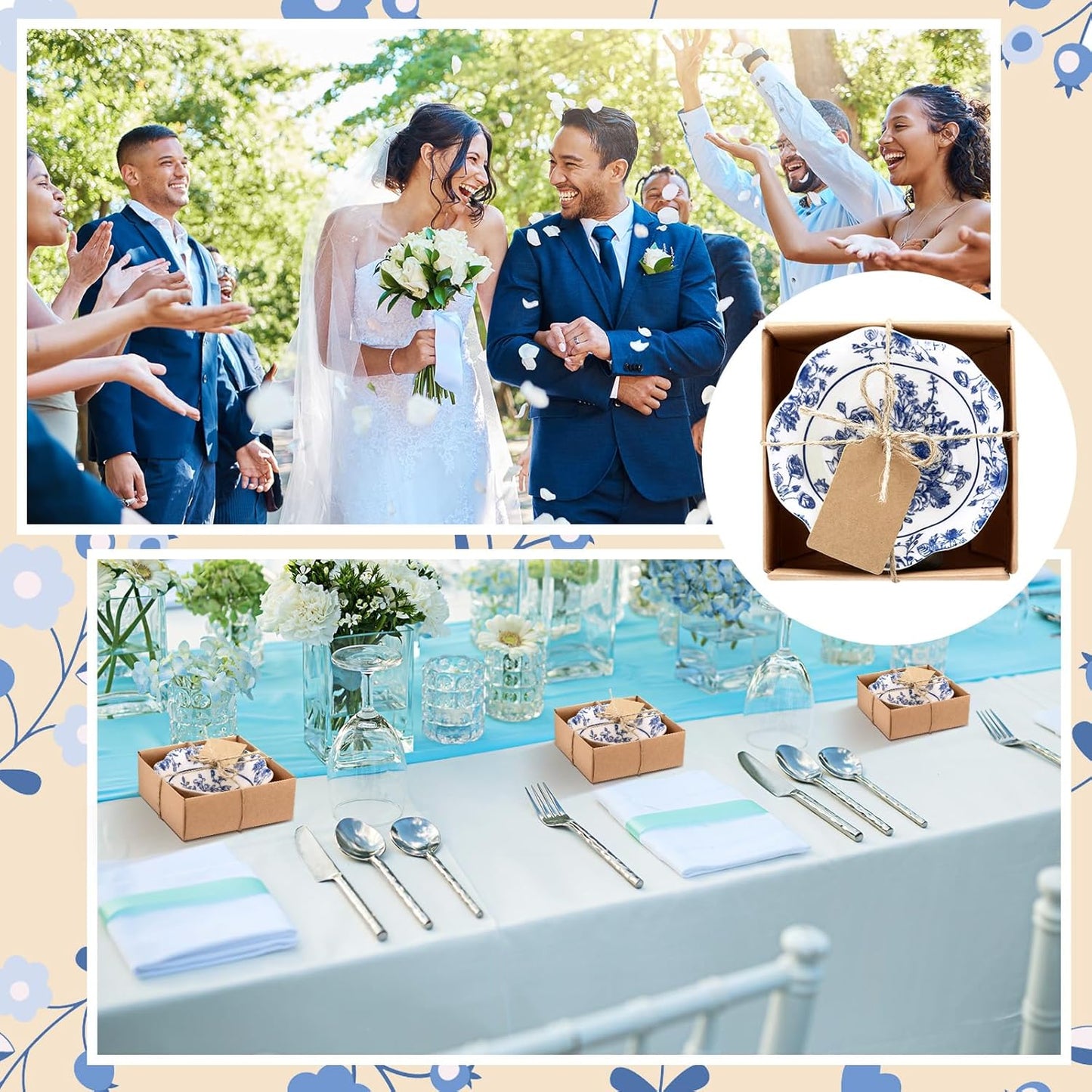 24 Pcs Wedding Favors for Guests Small Ceramic Bowl Bulk Gifts Set 3.3 Inch Floral Design Mini Dipping Bowl Sauce Dish with Cards Box for Bridal Baby Shower Birthday Guest Gift (Blue)