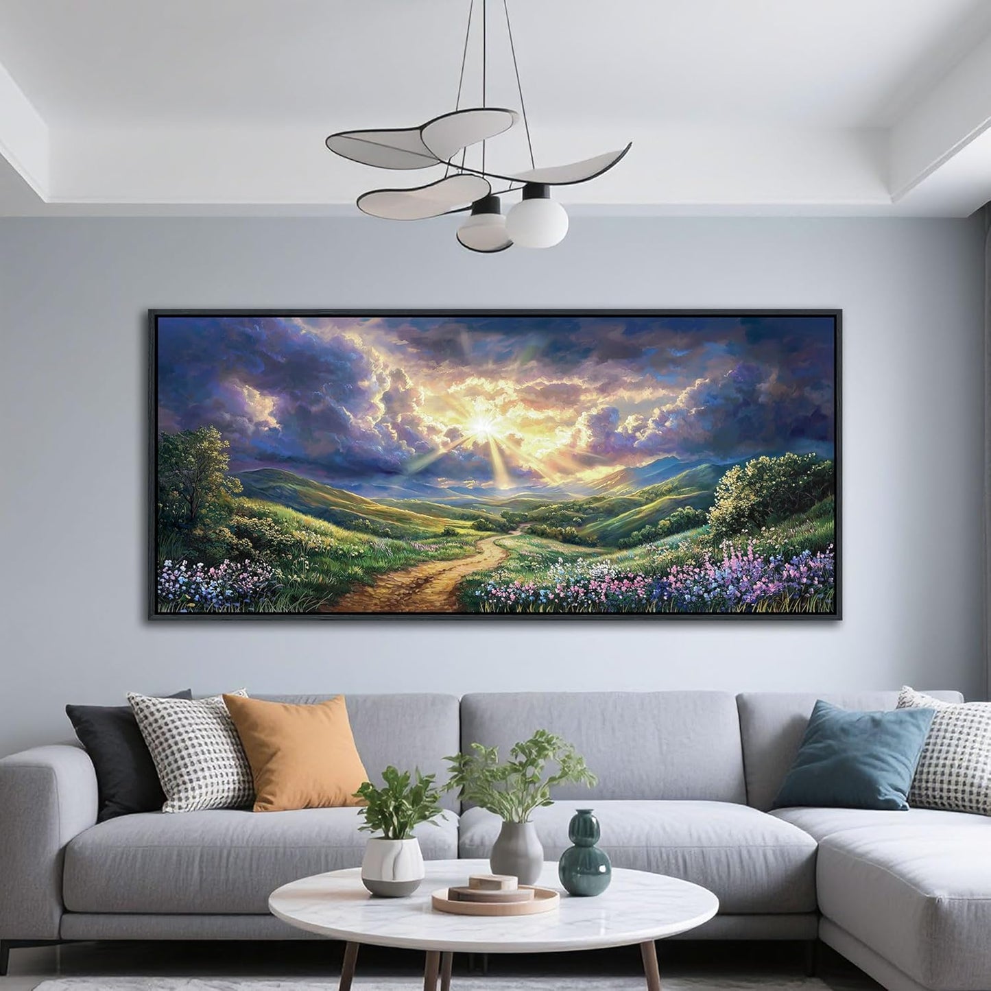 HKDGOKA Large Landscape Canvas Wall Art, Green Mountains Purple Clouds Flower Scenery Canvas Pictures Paintings Artwork for Living Room Bedroom Office Kitchen Home Wall Decor 32x71 IN