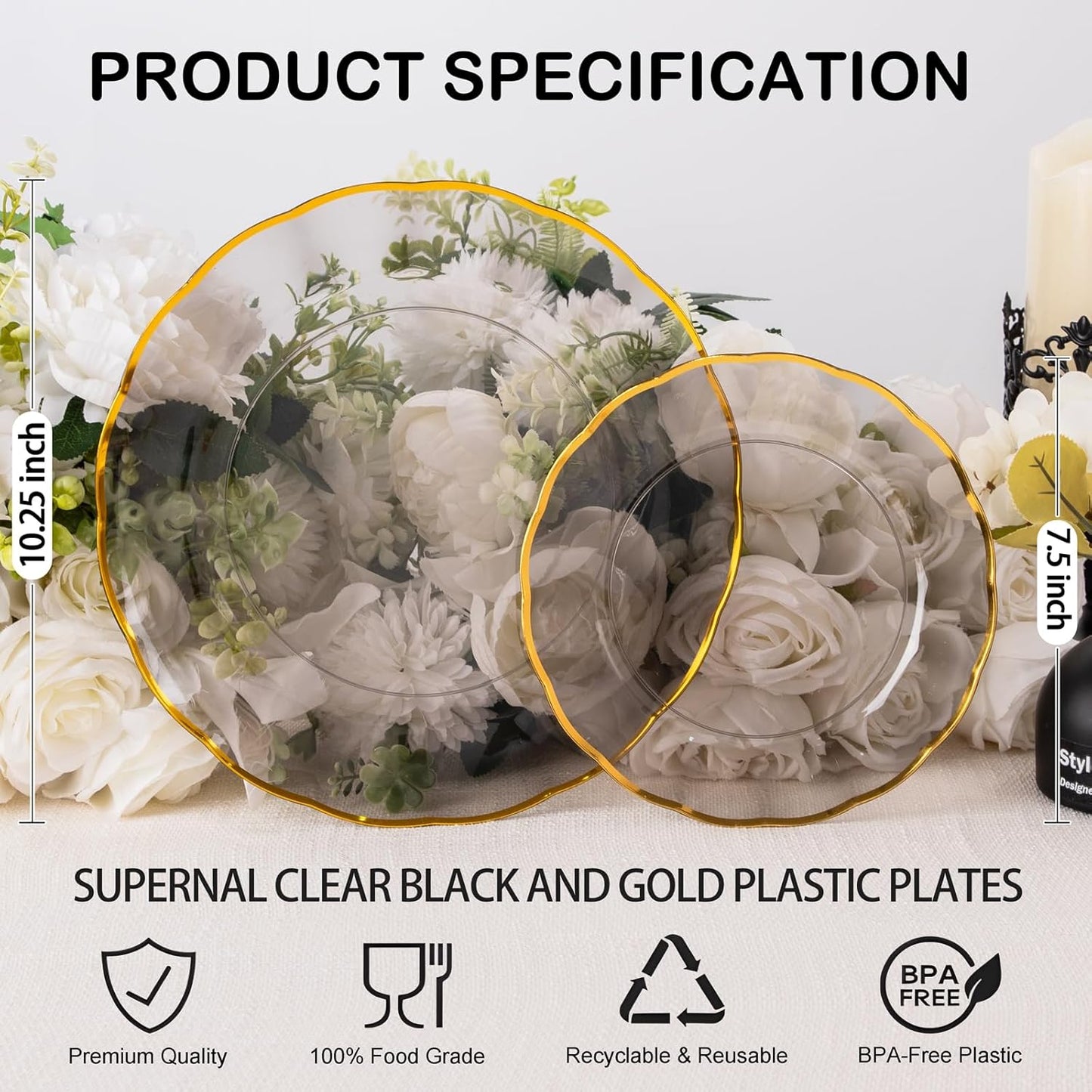 supernal 60Pcs Black and Gold Plastic Plates Heavy Duty Black Disposable Plates With Gold Rim,Clear Black Gold Plastic Dinnerware Set For 30 Guests Perfect for Party,Birthday,Anniversary,Halloween