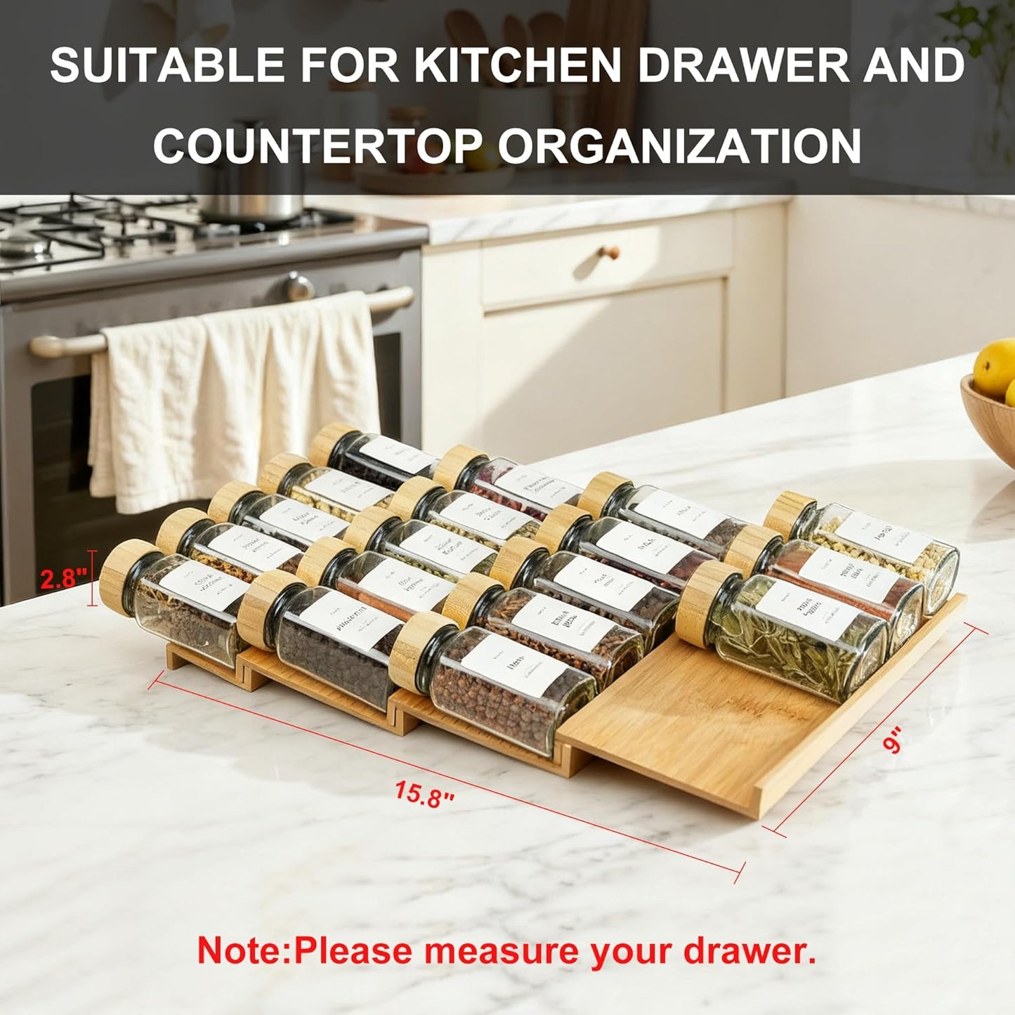 Spice Drawer Organizer with 18 Bamboo-lidded Spice Jars,216 Labels,50 Non-slip Rubber, Bamboo 4 Tier Seasoning Rack Tray Insert for Kitchen Drawers,Cabinets,Countertop,9" Wide x 15.8" Deep