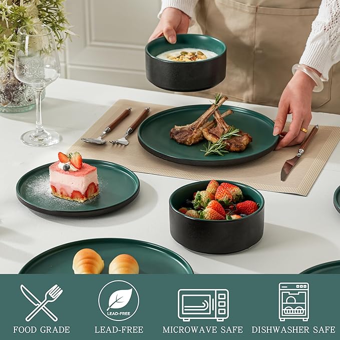6 Piece Ceramic Dinnerware Set for 2, Modern Minimalist Stoneware Dinner Plates and Bowls, Microwave Safe, Dishwasher Safe, Versatile for All Seasons, Matte Green