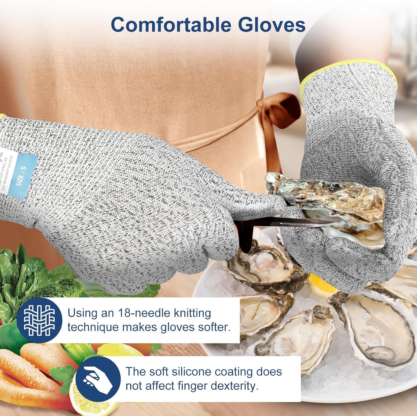 Dowellife Level 5 Cut Resistant Gloves with Silicone Coating, Food Grade Kitchen Knife Safety Gloves, Work Gloves for Chef, Mandoline Oyster Shucking Meat Cutting Wood Carving (Gray Small)