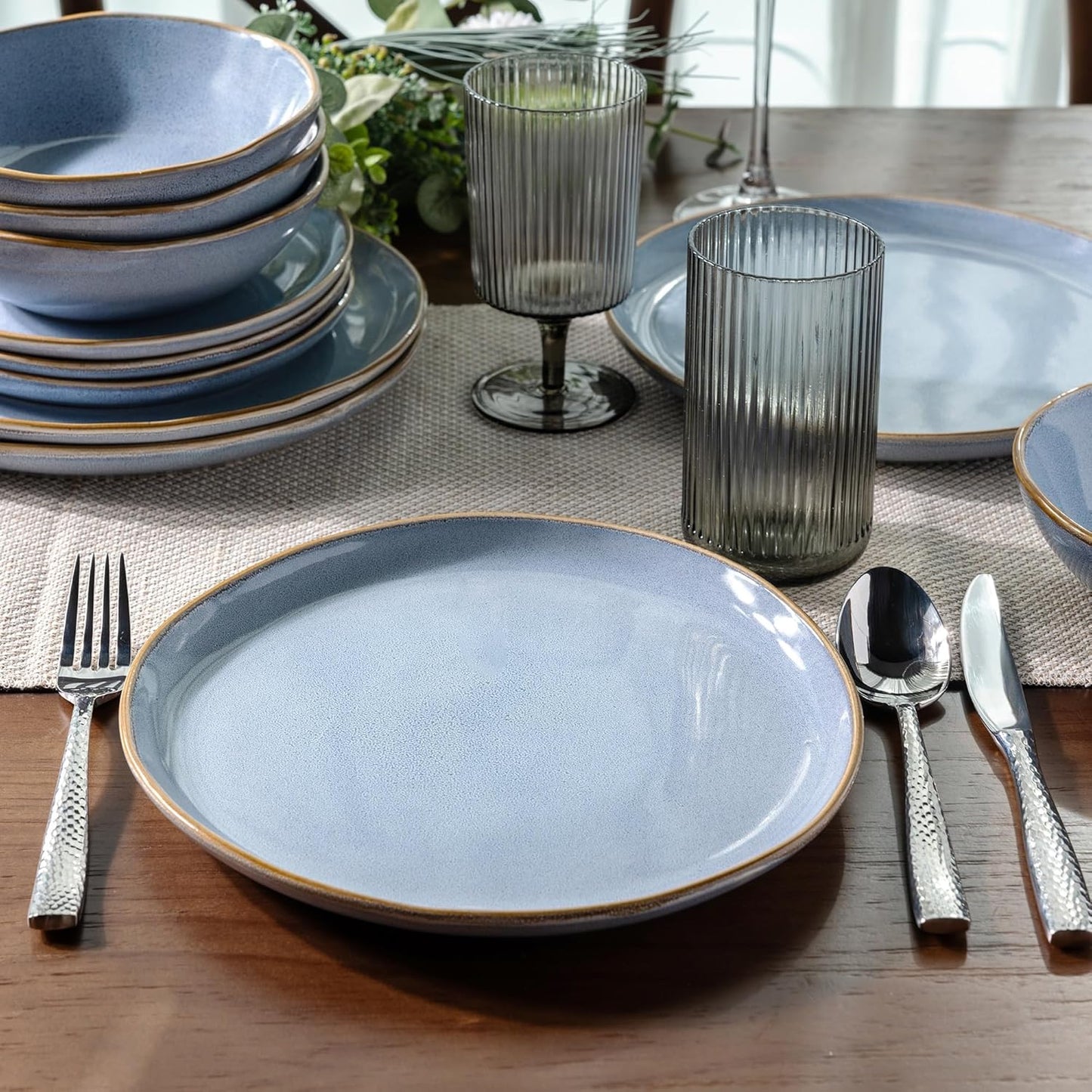 AmorArc Ceramic Dinnerware Sets,Handmade Reactive Glaze Stoneware Plates and Bowls Set,Highly Chip and Crack Resistant | Dishwasher & Microwave Safe Dishes Set,Service for 8 (24pc)-Reactive Blue