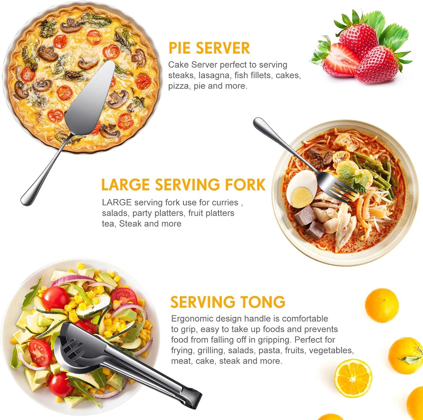 Patelai Serving Utensils Set Include Stainless Steel Large Spoons Slotted Spoons Forks Tongs Soup Ladle and Pie Server for Parties Buffet Catering, Dishwasher Safe(Black,10 Pieces)