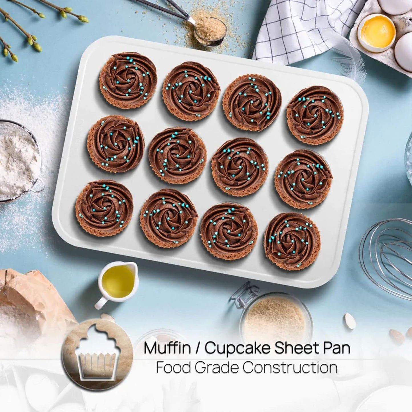 NutriChef 6-Piece Baking Pan Set, Carbon Steel Bakeware with Premium Ceramic Nonstick Coating, Includes 12-Cup Muffin Pan, Cake & Loaf Pan, Wide Bake Pan, & Cookie Sheet - Turquoise