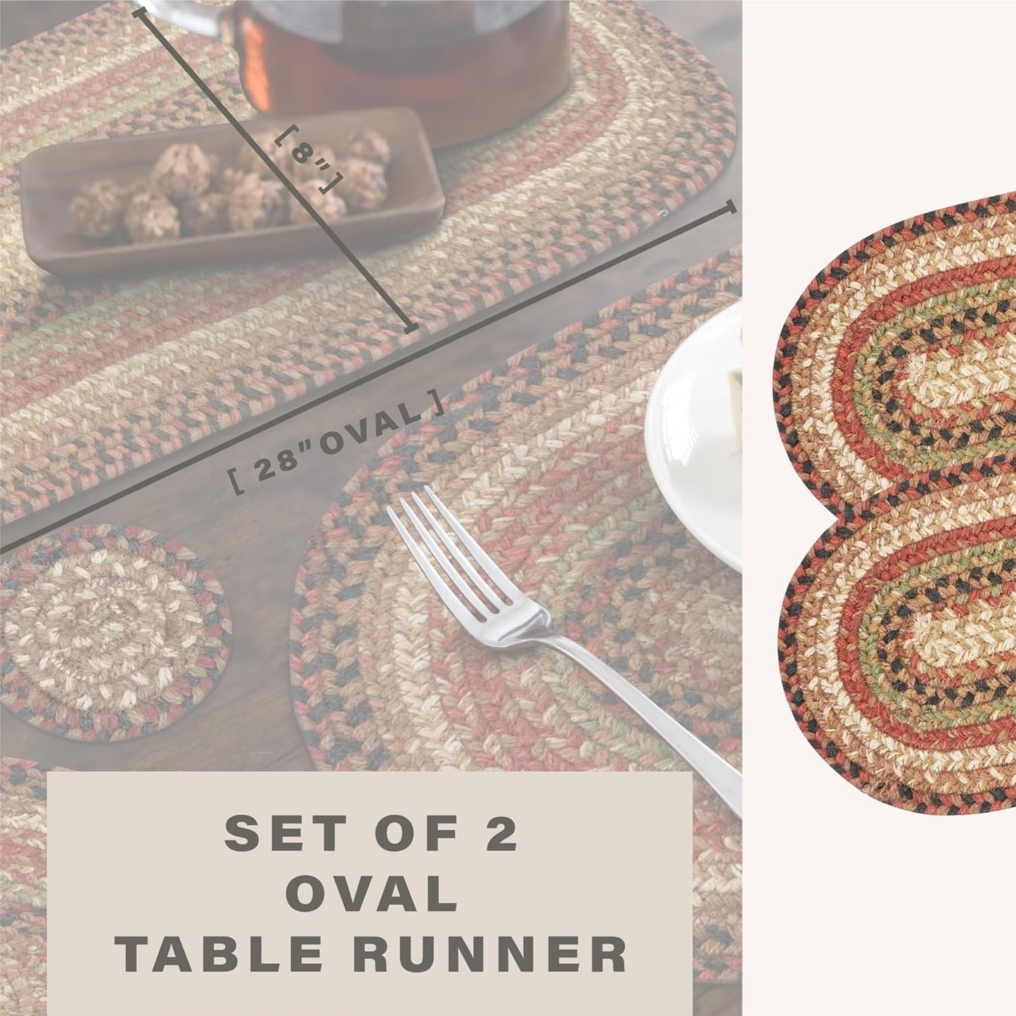 Homespice Gingerbread Jute Braided Table Runner, Warm Country Decor, Set of 2, Brown Oval 8x28 - Rich Colors, Easy to Clean, Durable and Protects Furniture