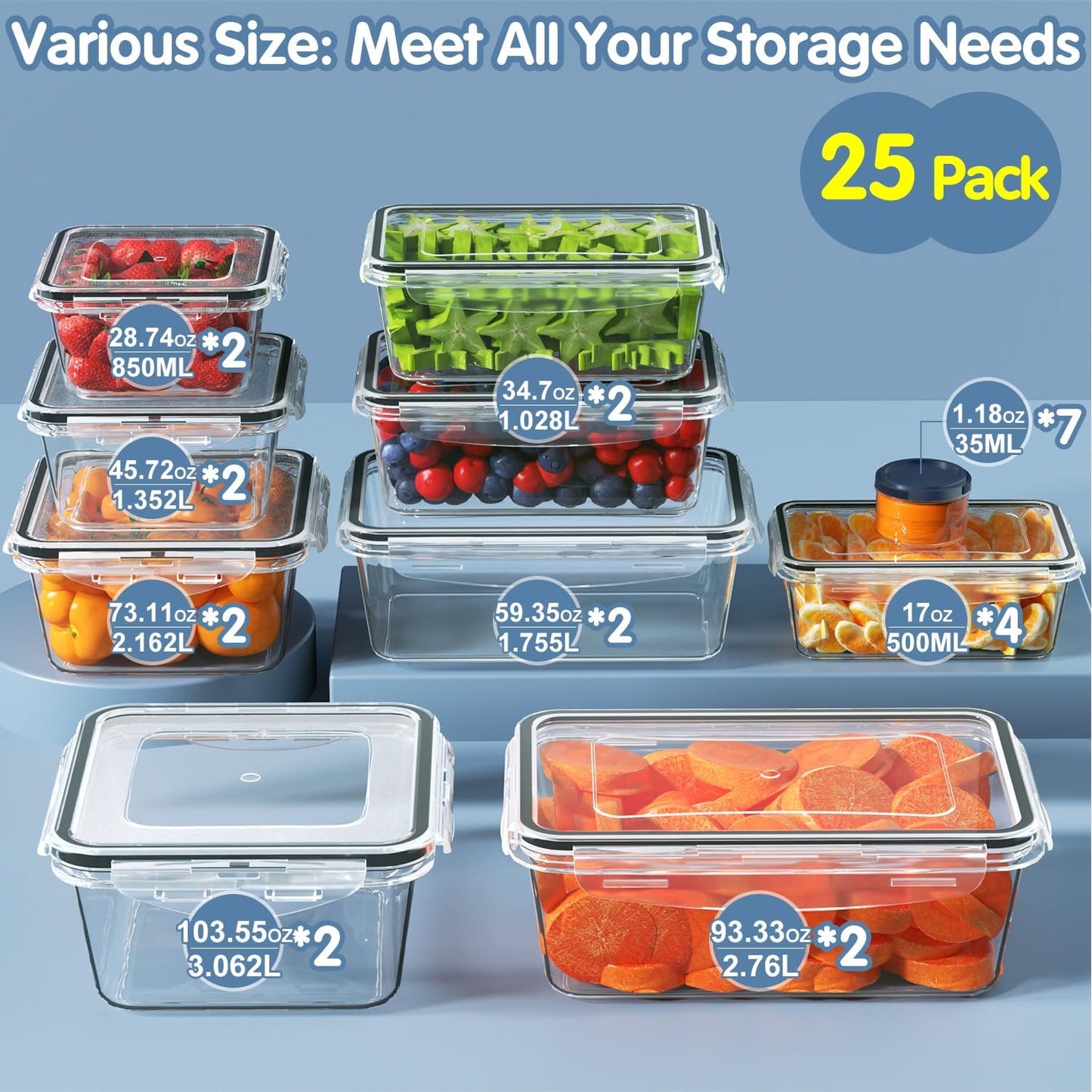 50 PCS Food Storage Containers Set, Plastic Food Containers for Pantry Kitchen Storage and Organization, Microwave and Dishwasher Safe, Leakproof & BPA-Free with Labels Pen(25 Containers & 25 Lids)