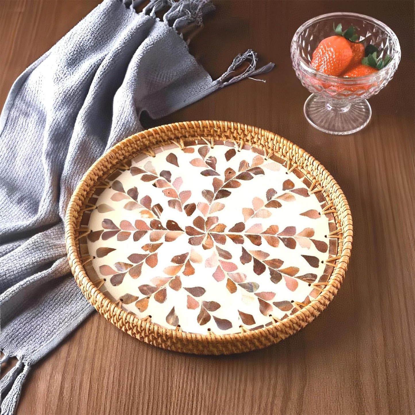 i-lan 3-Piece Round Rattan Serving Trays with Mother of Pearl Inlay – Handwoven Decorative Platters for Coffee Table, Vanity, Kitchen & Home Décor, Set