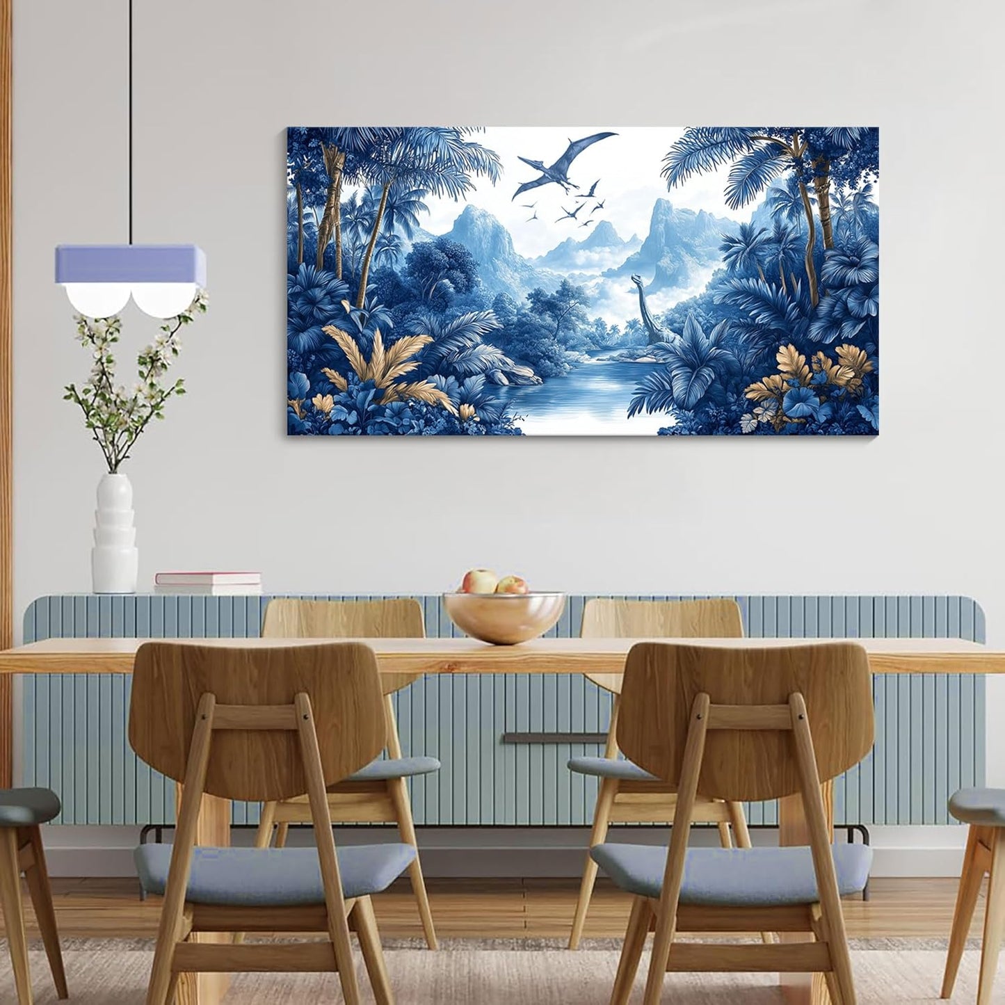 HKDGOKA Vintage Forest Wall Art, Blue Large Jurassic Dinosaur Canvas Pictures Tree Mountains Lake Landscape Paintings Artwork for Bedroom Living Room Kitchen Home Office Decor 24x48 IN