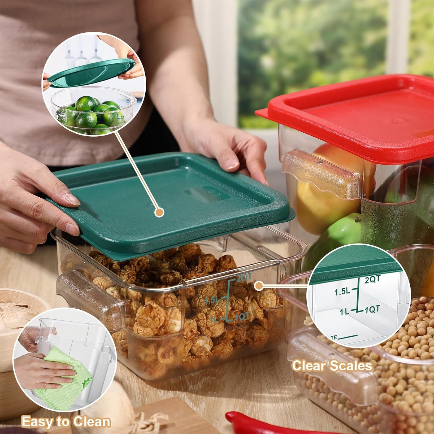 Barydat 4 Pcs Food Storage Container with Lids 2Qt and 4Qt Square Commercial Containers with Scales and Handles Polycarbonate Clear Food Storage for Kitchen Proof Dough Marinating Meat(Red Green)