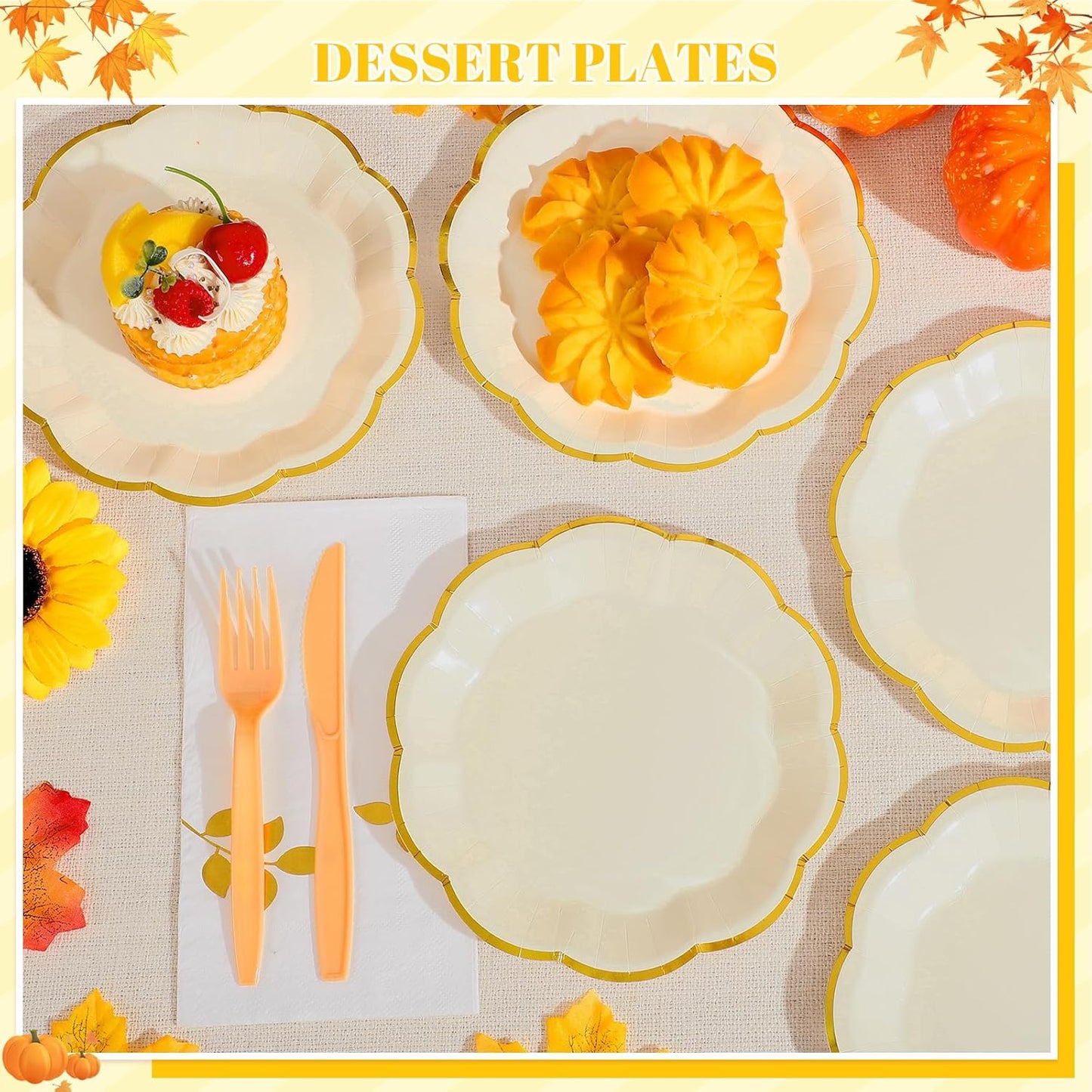 30 Pcs Thanksgiving Paper Plates, 7 Inch Ivory Paper Plate with Gold Trim Cute Beige Disposable Scalloped Plates for Friendsgiving, Baby Shower, Wedding