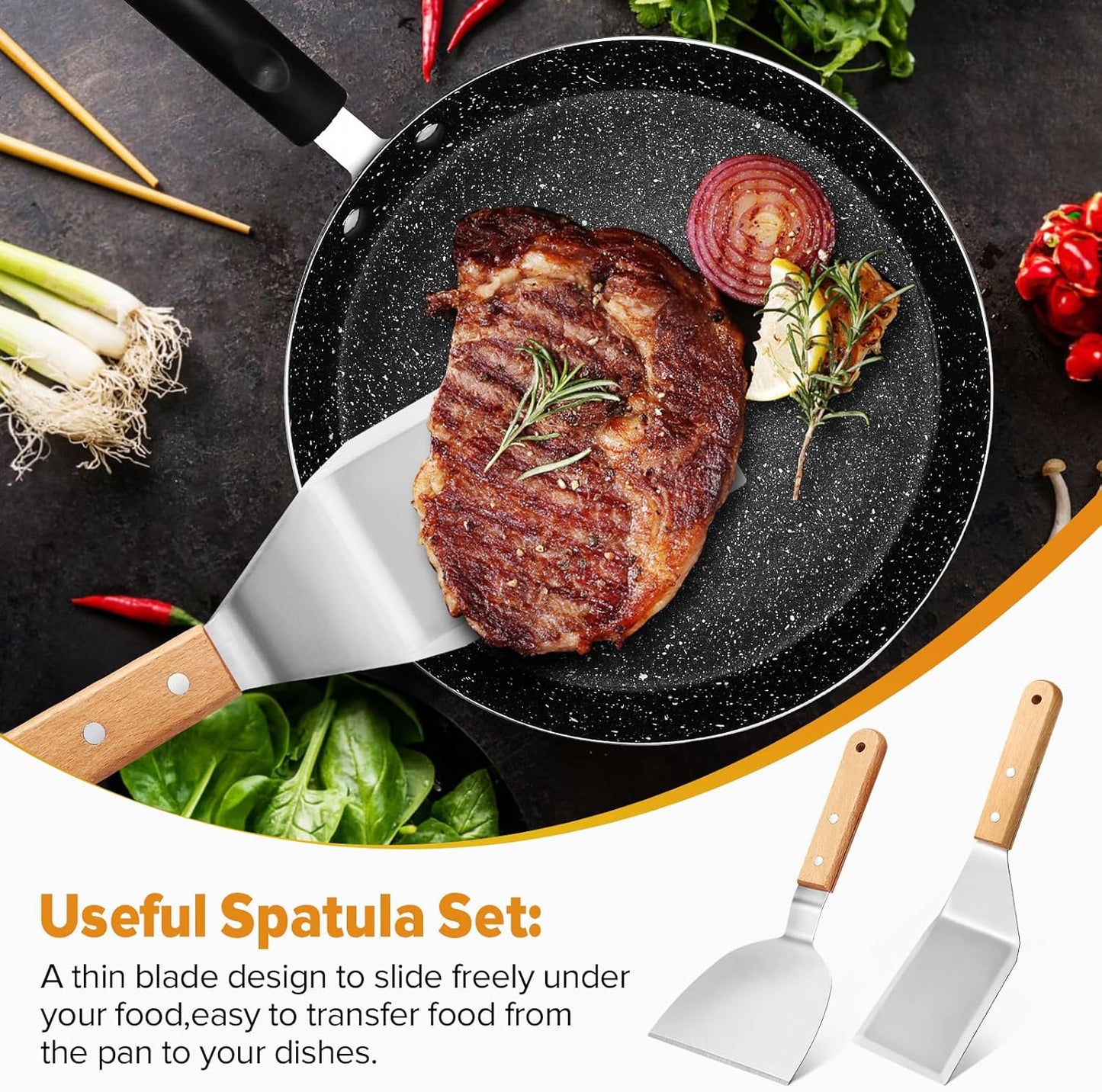 Metal Spatula Set,Fish Griddle Spatulas,Stainless Steel Spatula Turner with Wooden Handle,Small Wide Beveled Edges Spatulas Flippers for Cast Iron Skillet, Pancake, Egg, Burger, Omelet, 2 Pack