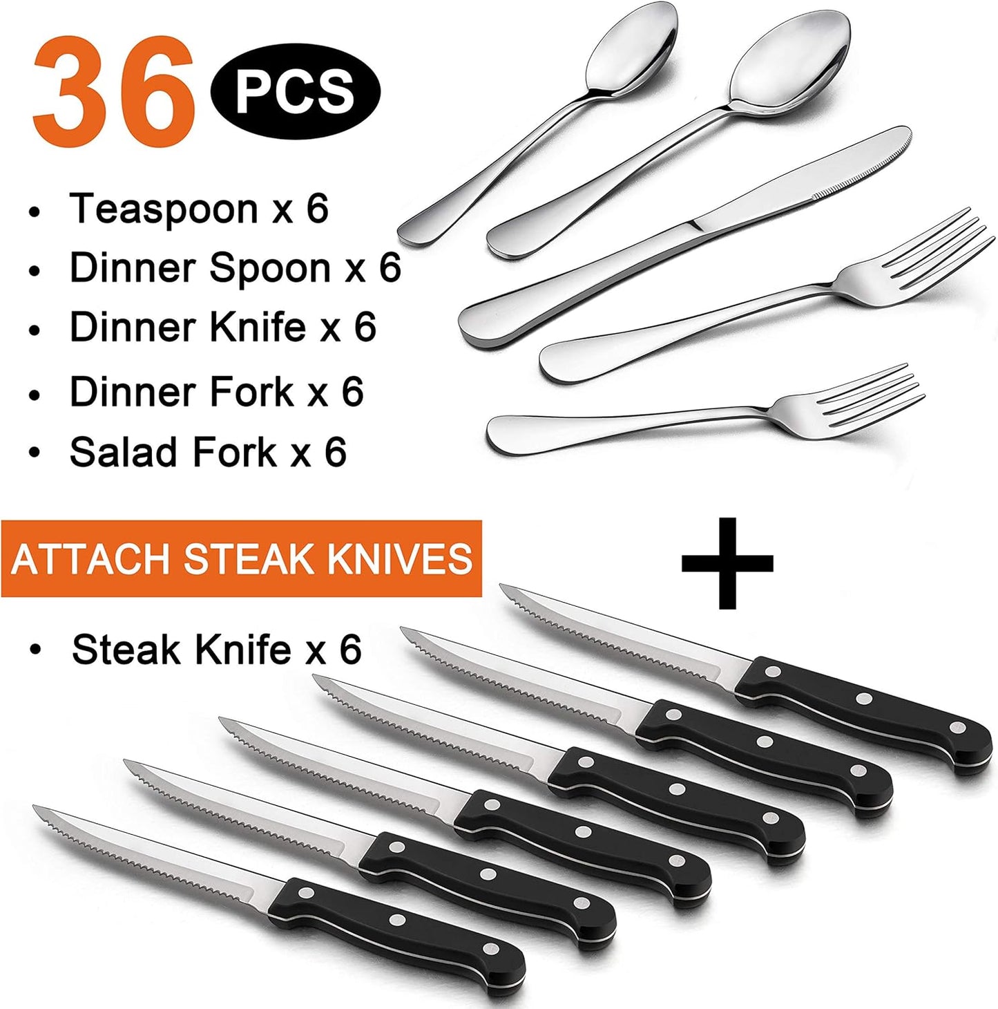 LIANYU 36-Piece Silverware Set with Steak Knives, Stainless Steel Flatware Cutlery Set for 6, Modern Eating Utensil Tableware for Kitchen Restaurant Hotel, Dishwasher Safe