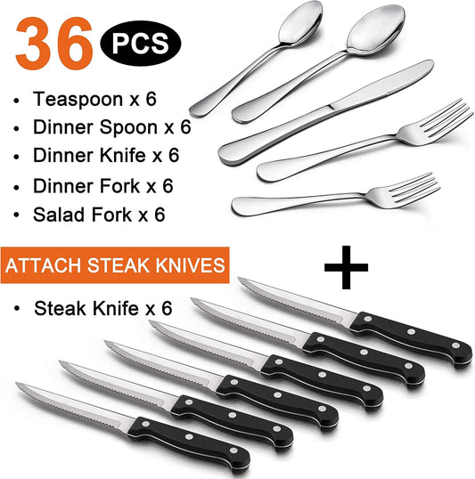 LIANYU 36-Piece Silverware Set with Steak Knives, Stainless Steel Flatware Cutlery Set for 6, Modern Eating Utensil Tableware for Kitchen Restaurant Hotel, Dishwasher Safe