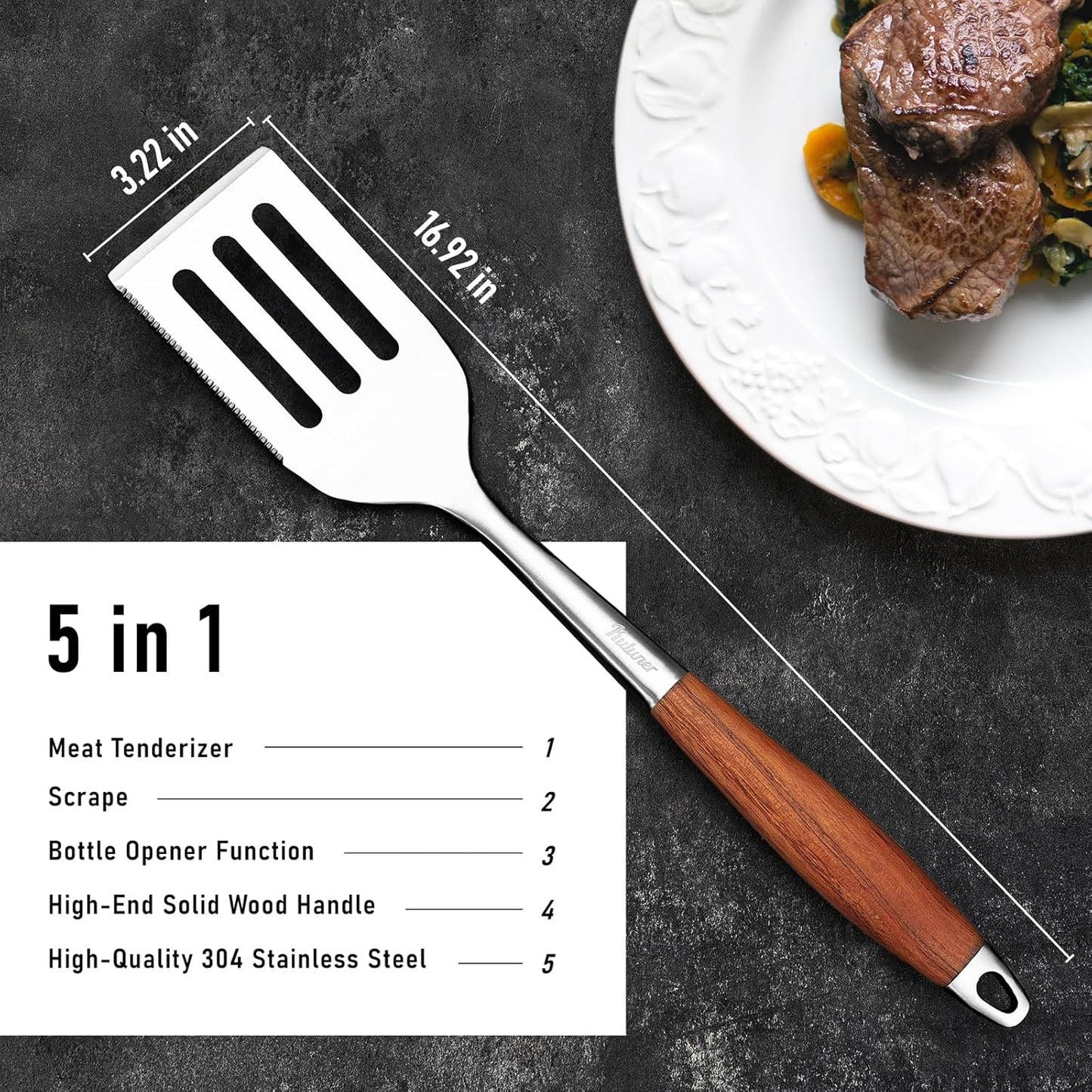 KULUNER Professional Grade Stainless Steel Cooking Spatula - 17 Inches, Sturdy and Durable, Premium Solid Wood Handle, with Bottle Opener, Suitable for Barbecue, Outdoor Kitchens, and Grilling Food