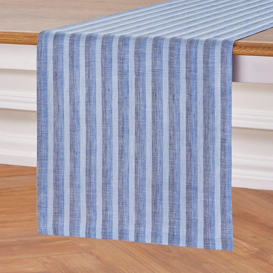Solino Home Striped Linen Table Runner 108 Inches Long - Amalfi Stripe 100% Pure Linen Bistro Blue Dining Table Runner 14 x 108 Inch