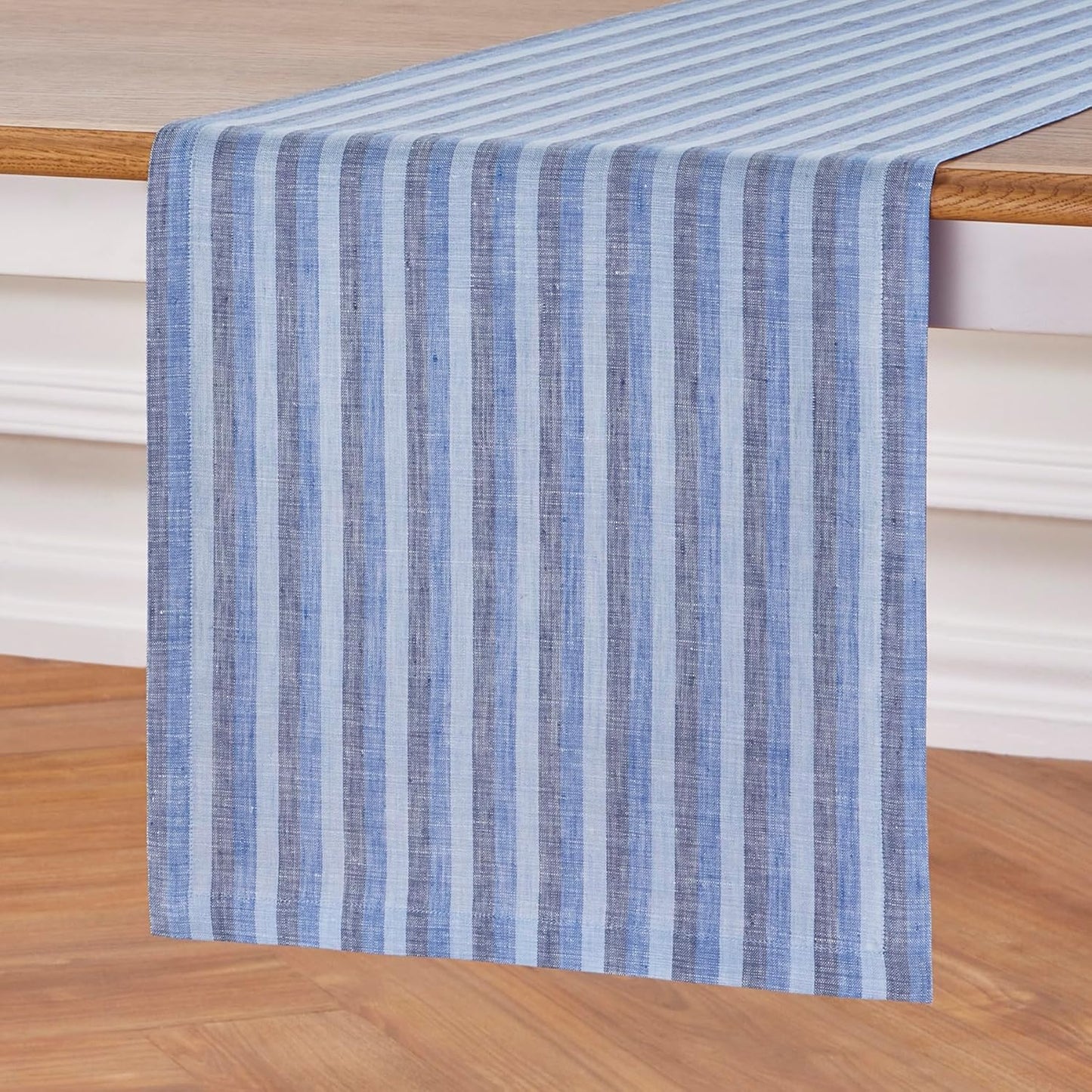 Solino Home Linen Table Runner 90 Inches Long - Amalfi Stripe, 100% Pure Linen Bistro Blue Table Runner 14 x 90 Inch for Dining