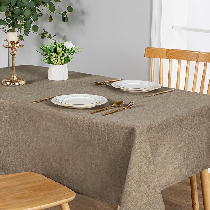 JIUZHEN 2 Pack Faux Linen Farmhouse Tablecloth Rectangular, Wrinkle Stain Resistant Table Cloth Rectangle Table Cover for Kitchen Dining, Khaki, 52 x 70 Inch