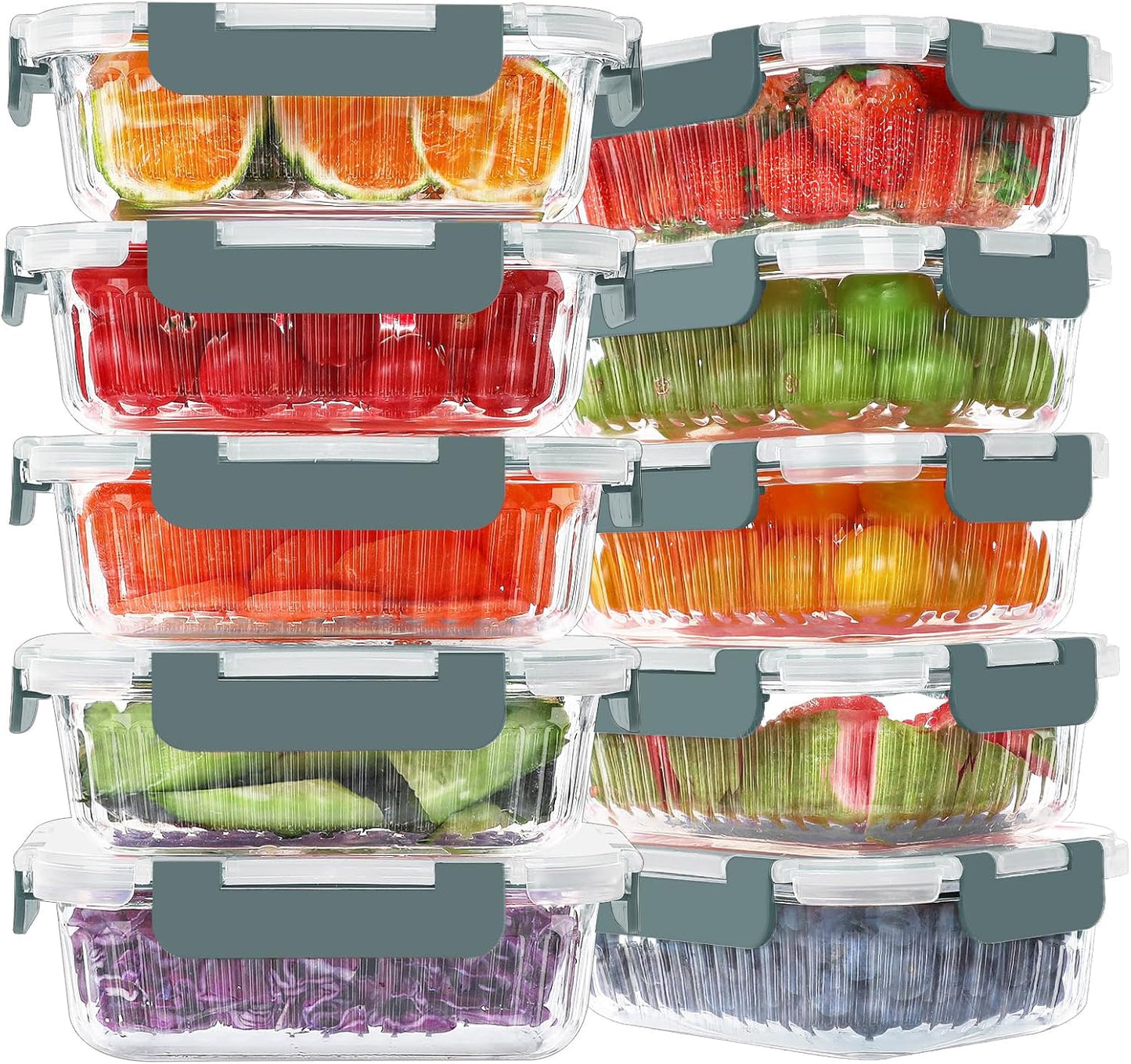 KOMUEE 10 Packs 22 oz Glass Meal Prep Containers, Glass Food Storage Containers with Lids, Airtight Glass Lunch Containers, Microwave, Oven, Freezer Safe, Gray