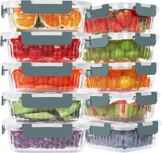 KOMUEE 10 Packs 22 oz Glass Meal Prep Containers, Glass Food Storage Containers with Lids, Airtight Glass Lunch Containers, Microwave, Oven, Freezer Safe, Gray