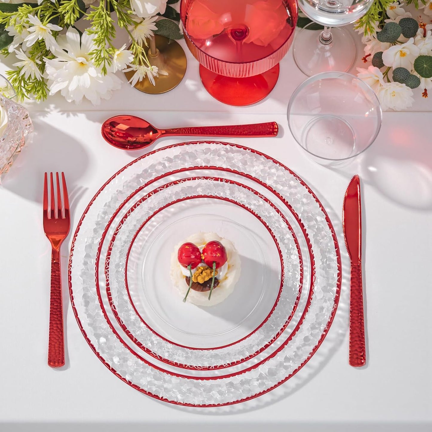 Ciaell 150 PCS Red Plastic Plates – Clear Hammered Disposable Plates with Red Rim include 50Plates, 25Forks, 25Knives, 25Spoons, 25Cups for Wedding & Party & Anniversary & Christmas