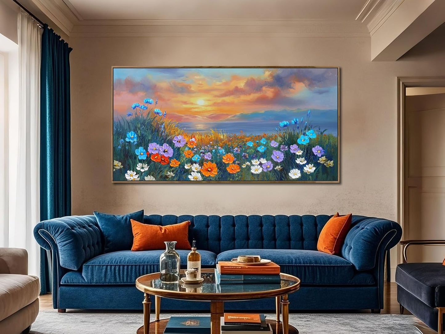 Ardemy Wildflower Wall Art for Living Room Large Framed Floral Canvas Pictures Bedroom Wall Decor Sunset Paintings Flower Textured Artwork for Walls Dining Room Home Office 48"x24"