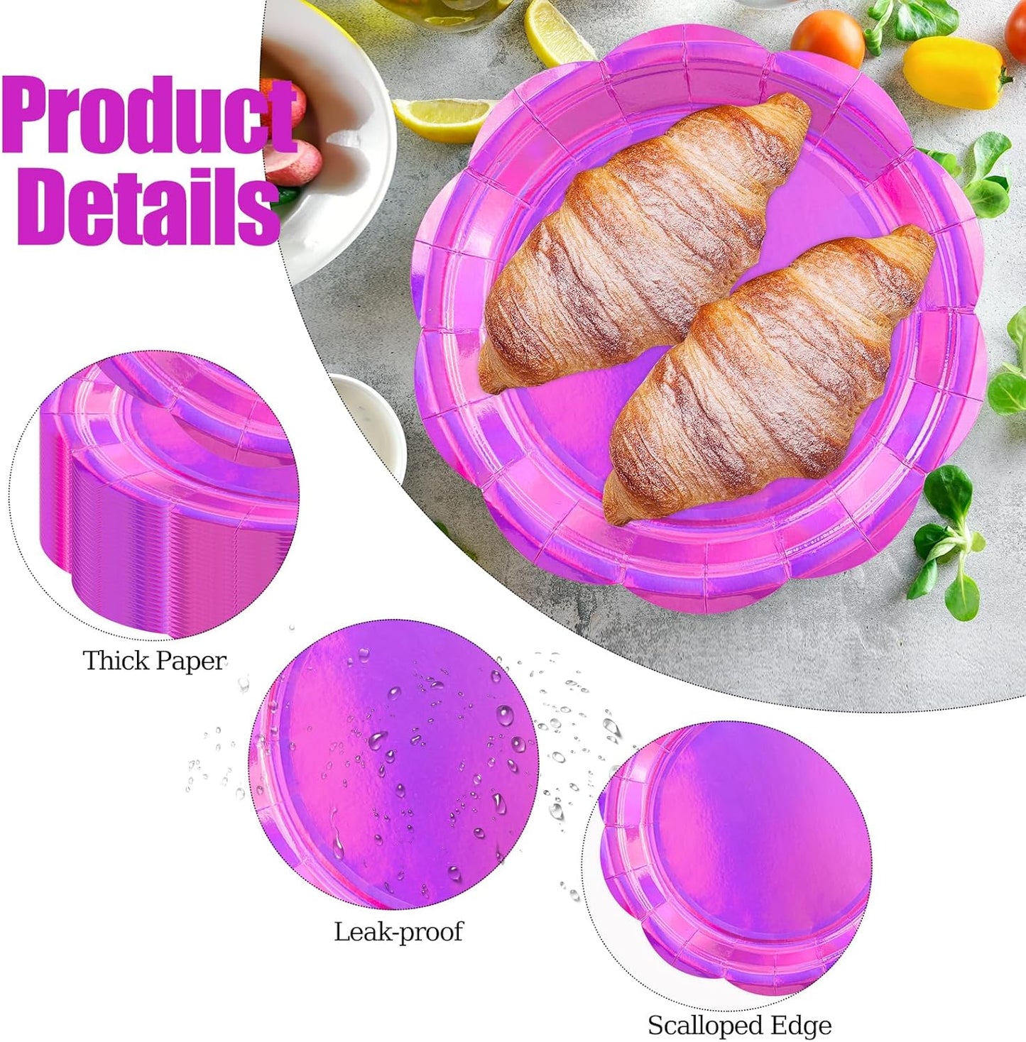 50PCS Iridescent Pink Paper Plates 7 Inch, Disposable Holographic Scalloped Plates Cake Dessert Plate for Mermaid Birthday Wedding Party Supplies (Iridescent Pink, 7 inch)