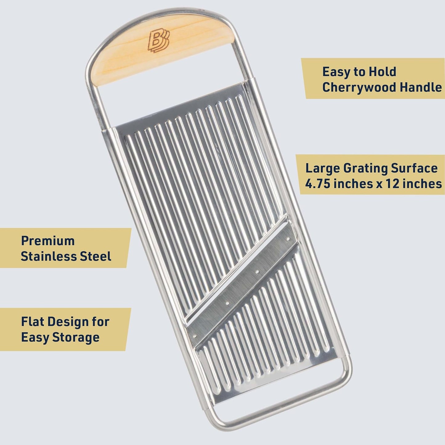 Handheld Mandoline Slicer for Kitchen - Stainless Steel Flat Mandolin with Cherrywood Handle - Julienne Cutter for Vegetable and Fruits - Italian Made Kitchen Gadgets by Kings County Tools