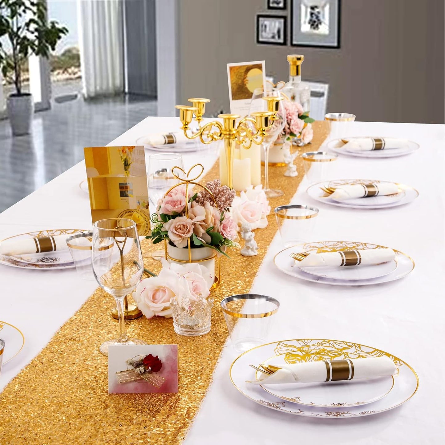 DaYammi 210Pcs White Gold Plastic Plates for Party,Thanksgiving Gold Disposable Dinnerware Set Includes 60 gold floral plates,30 plastic Silverware,30 Per Rolled Napkins,30 Plastic Cups for Party