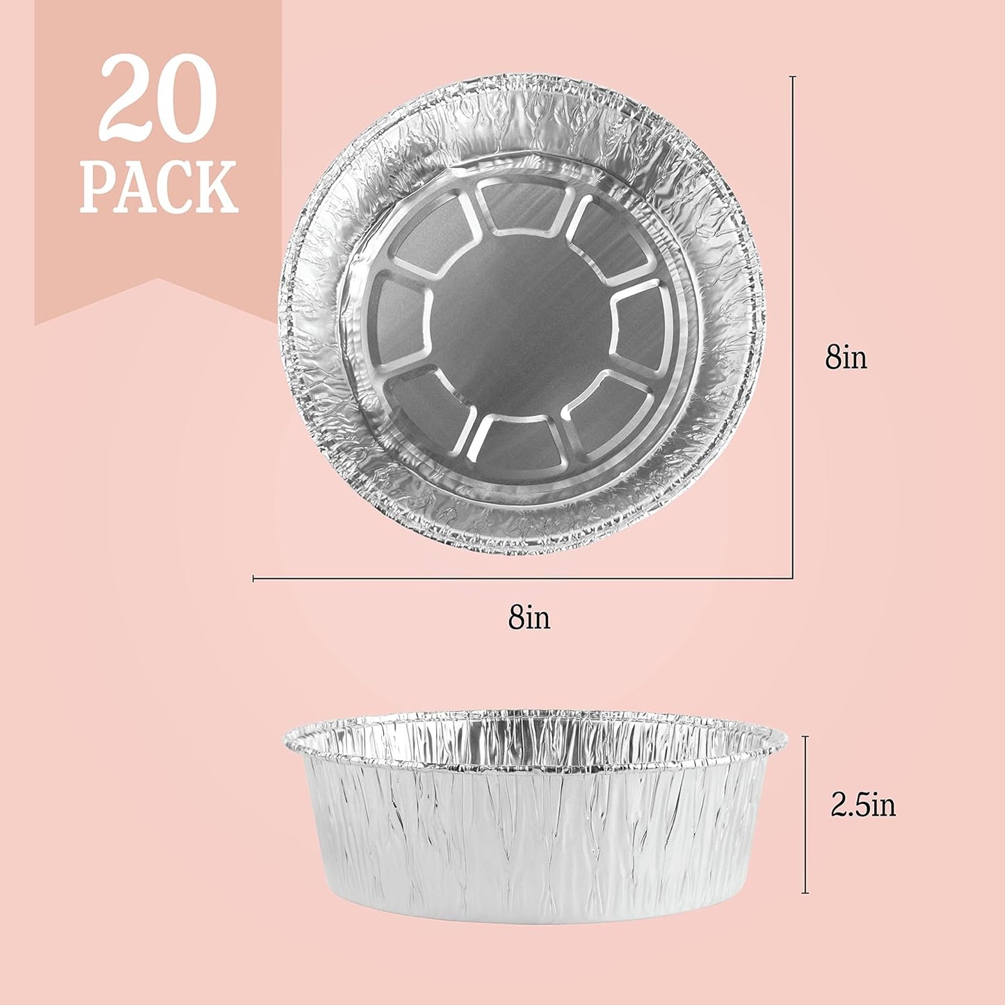 PLASTICPRO 8'' Inch Round Tin Foil Pans Disposable Aluminum, Deep Freezer & Oven Safe - For Baking, Cooking, Storage, Roasting, & Reheating, Pack of 20