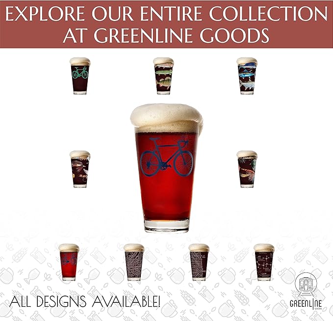 Greenline Goods - Bicycle Beer Glasses (Set of 2) |16 oz Drinkware with Colorful Cyclist Designs | Premium Decorative Glassware | Unique Gifts for Cyclists & Bike Riders [Navy]