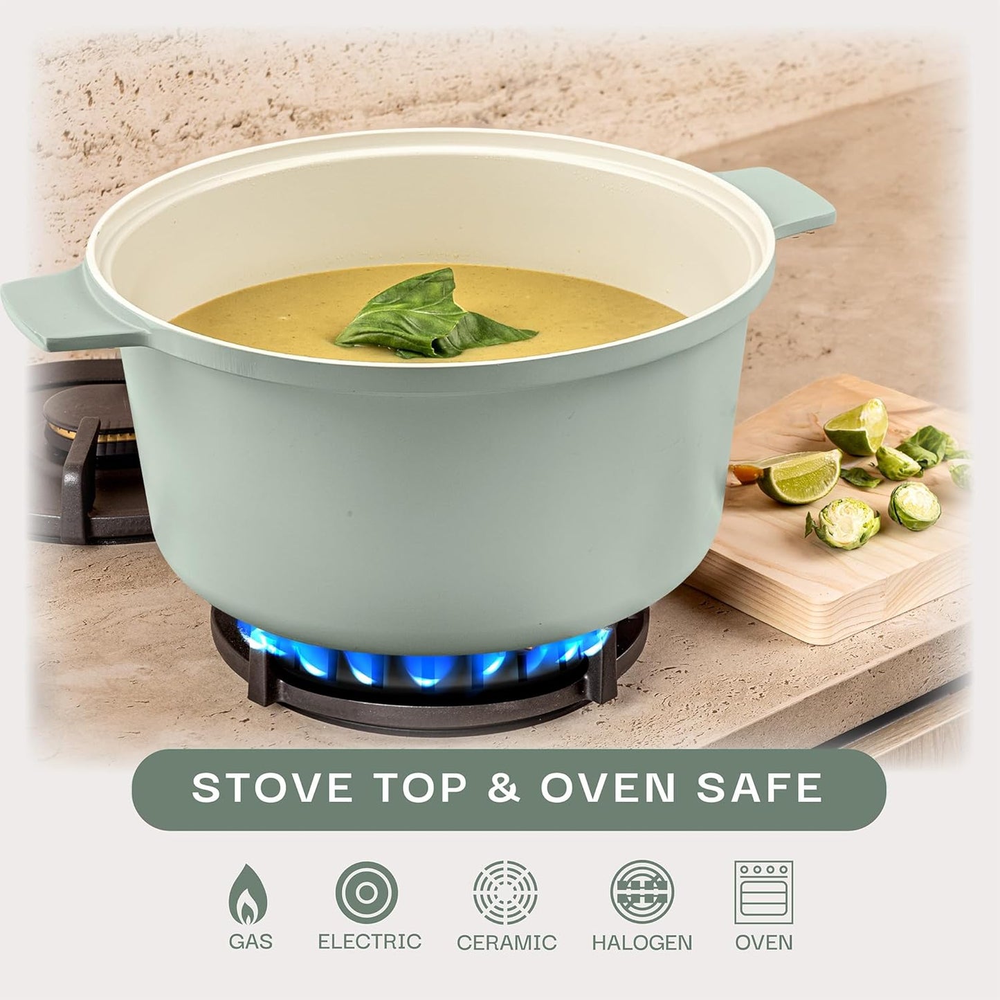 Gotham Steel 5 Qt Dutch Oven Pot with Lid, Nonstick Ceramic Dutch Oven Stock Pot Perfect Bread Baking, Stovetop Oven & Dishwasher Safe, Sage Green