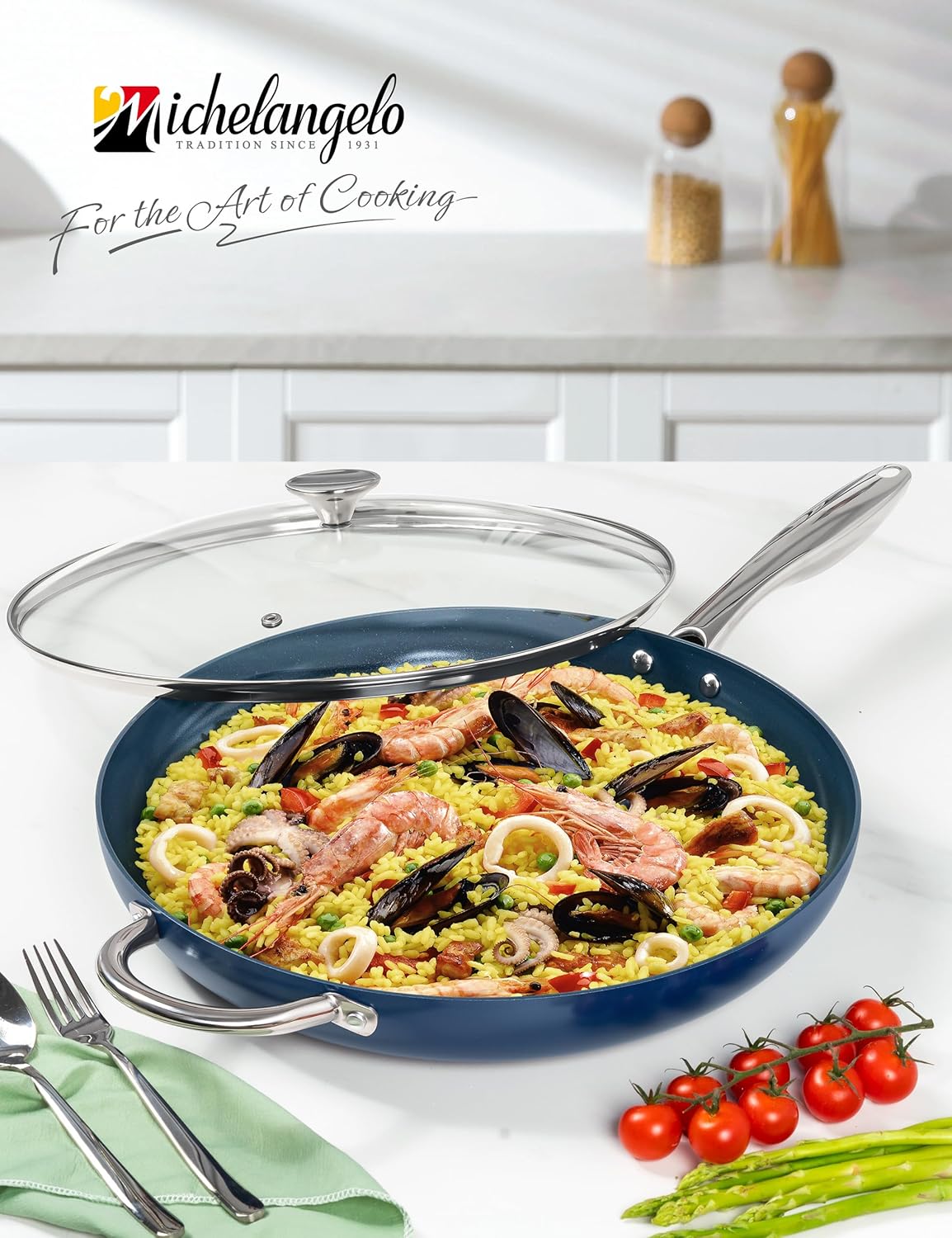 MICHELANGELO Large Frying Pan with Lid, 14 Inch Blue Frying Pan with Nonstick Diamond Infused Coating, Nonstick Frying Pans, Ceramic Fry Pan, Non-Toxic