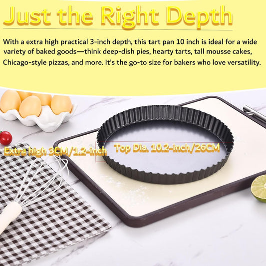 10 Inch Nonstick Tart Pan with Removable Bottom, Carbon Steel Quiche and Pie Pan- 1.1-Inch Depth, Fluted Edges for Baking Tarts, Quiches, Mousse Cakes, and Desserts